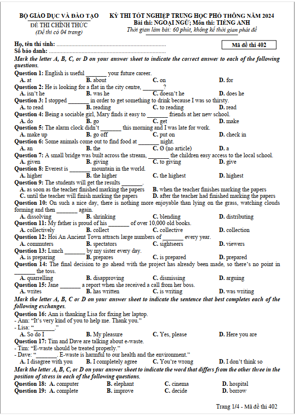 (Chính thức) Đáp án đề thi tốt nghiệp THPT môn Tiếng Anh năm 2024 full 24 mã đề