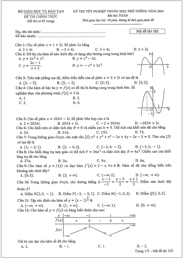 Đáp án đề thi môn Toán mã đề 102 - Tốt nghiệp THPT 2024
