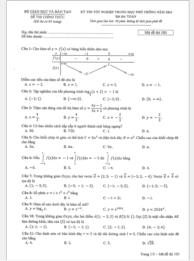 Đáp án đề thi môn Toán mã đề 103 - Tốt nghiệp THPT 2024
