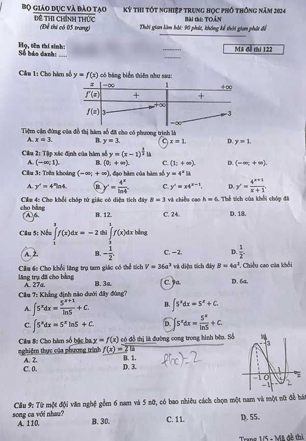 Đáp án đề thi môn Toán mã đề 122 - Tốt nghiệp THPT 2024