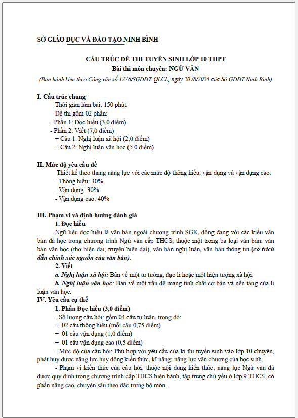 Đề tham khảo thi vào lớp 10 môn Văn chuyên năm 2025 tỉnh Ninh Bình