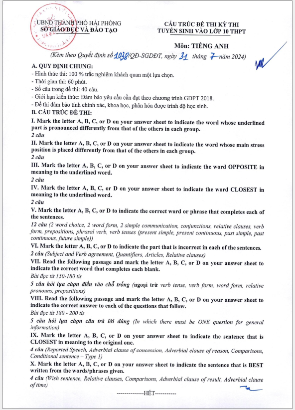 Đề minh hoạ thi vào lớp 10 môn Tiếng Anh năm 2025 Sở GD-ĐT Hải Phòng