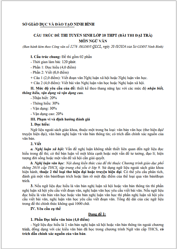 Đề minh hoạ thi tuyển sinh vào lớp 10 môn Văn năm 2025 tỉnh Ninh Bình