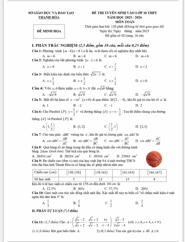 Đề minh hoạ tuyển sinh vào 10 môn Toán năm 2025 Tỉnh Thanh Hoá