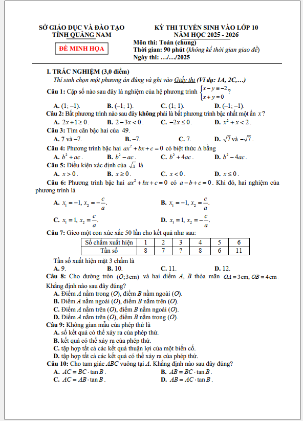 Đề minh họa tuyển sinh lớp 10 môn Toán (chung) năm 2025 sở GD&ĐT Quảng Nam