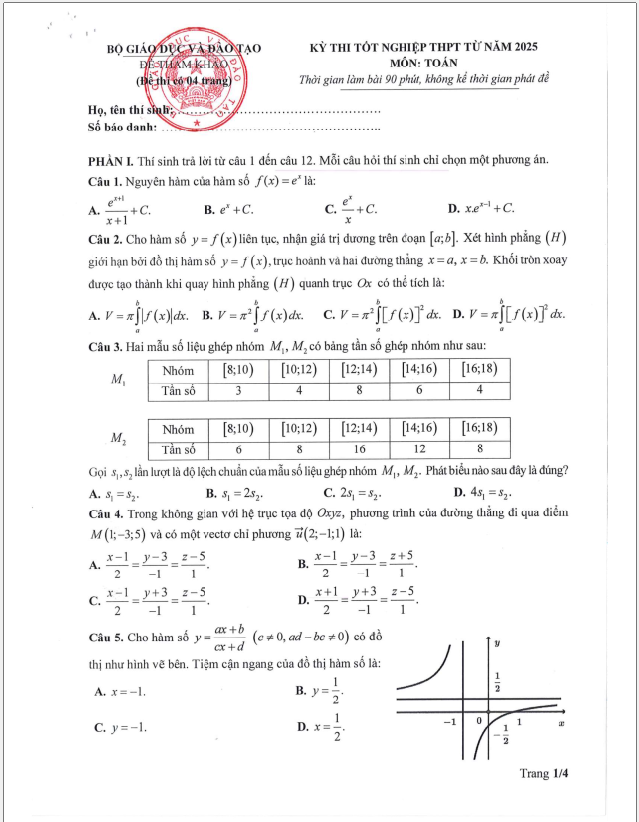 Đề tham khảo thi tốt nghiệp THPT môn Toán năm 2025