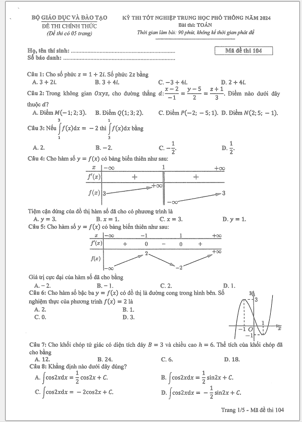 Đáp án đề thi môn Toán mã đề 104 - Tốt nghiệp THPT 2024