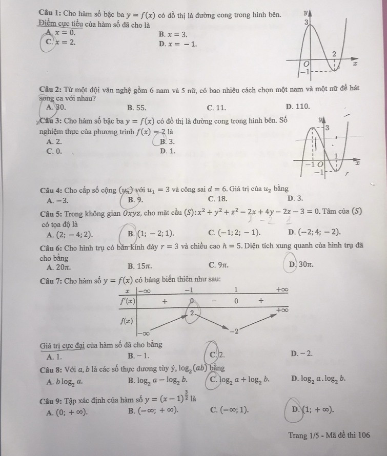 Đáp án đề thi môn Toán mã đề 106 - Tốt nghiệp THPT 2024