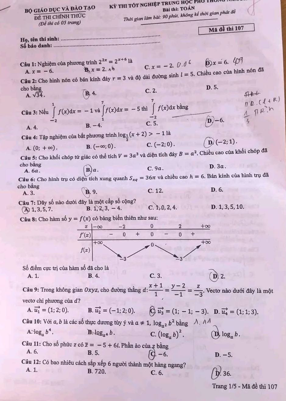 Đáp án đề thi môn Toán mã đề 107 - Tốt nghiệp THPT 2024