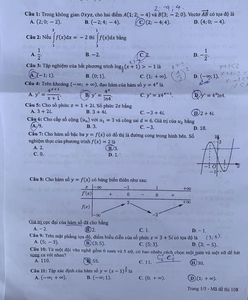 Đáp án đề thi môn Toán mã đề 108 - Tốt nghiệp THPT 2024