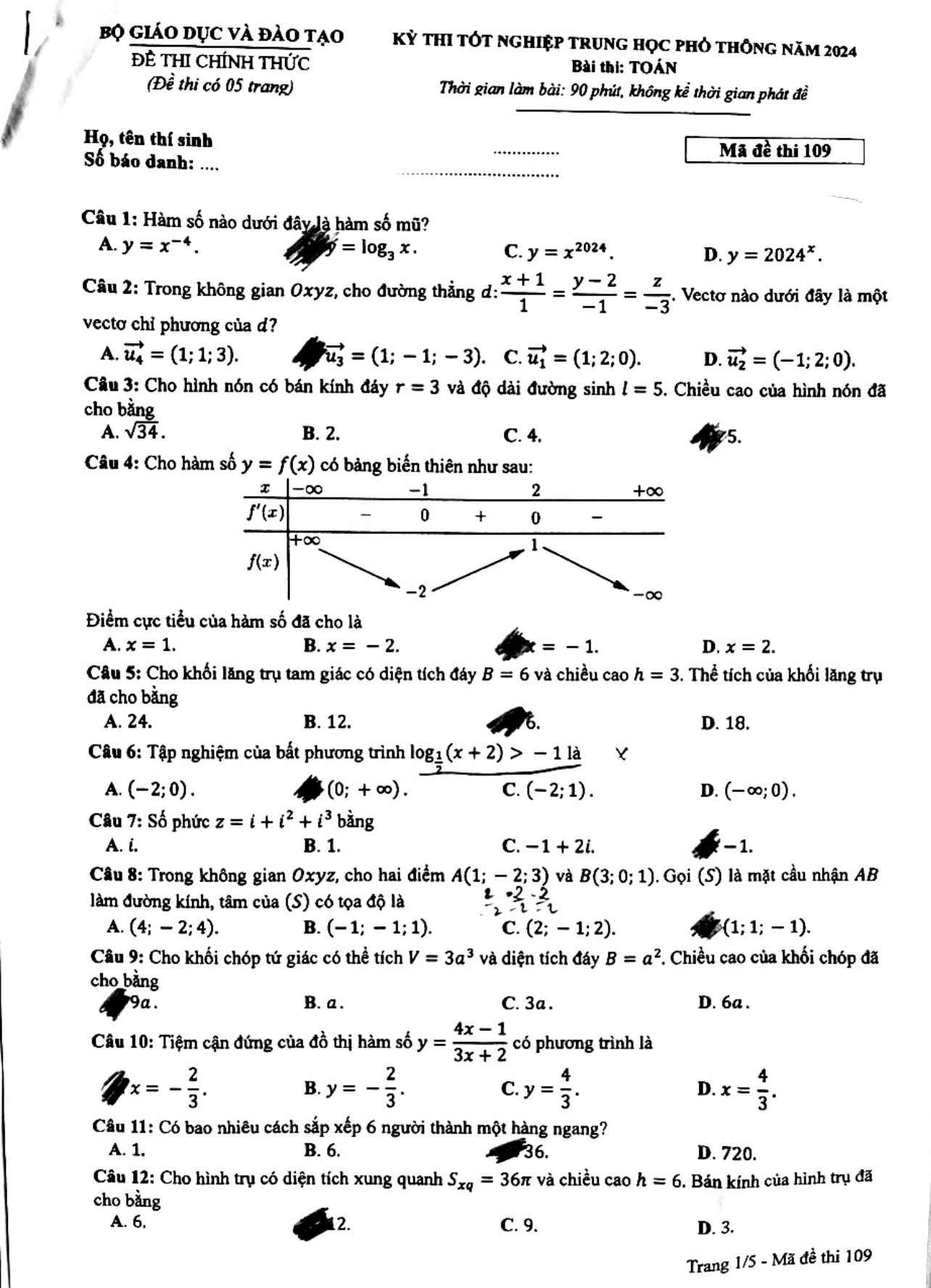 Đáp án đề thi môn Toán mã đề 109 - Tốt nghiệp THPT 2024