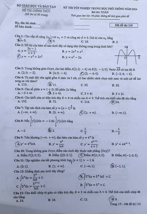 Đáp án đề thi môn Toán mã đề 110 - Tốt nghiệp THPT 2024