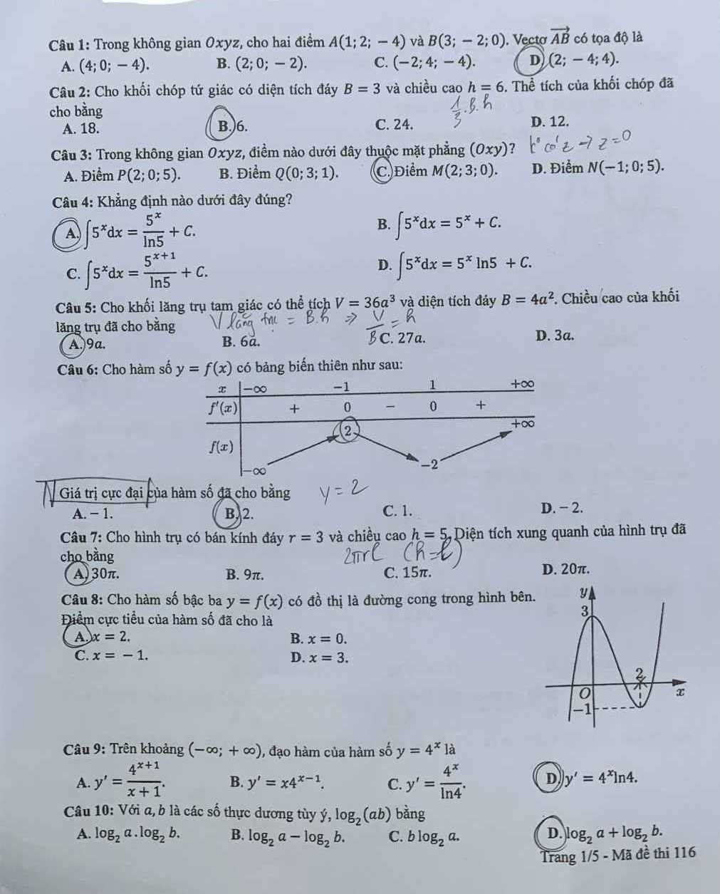 Đáp án đề thi môn Toán mã đề 116 - Tốt nghiệp THPT 2024