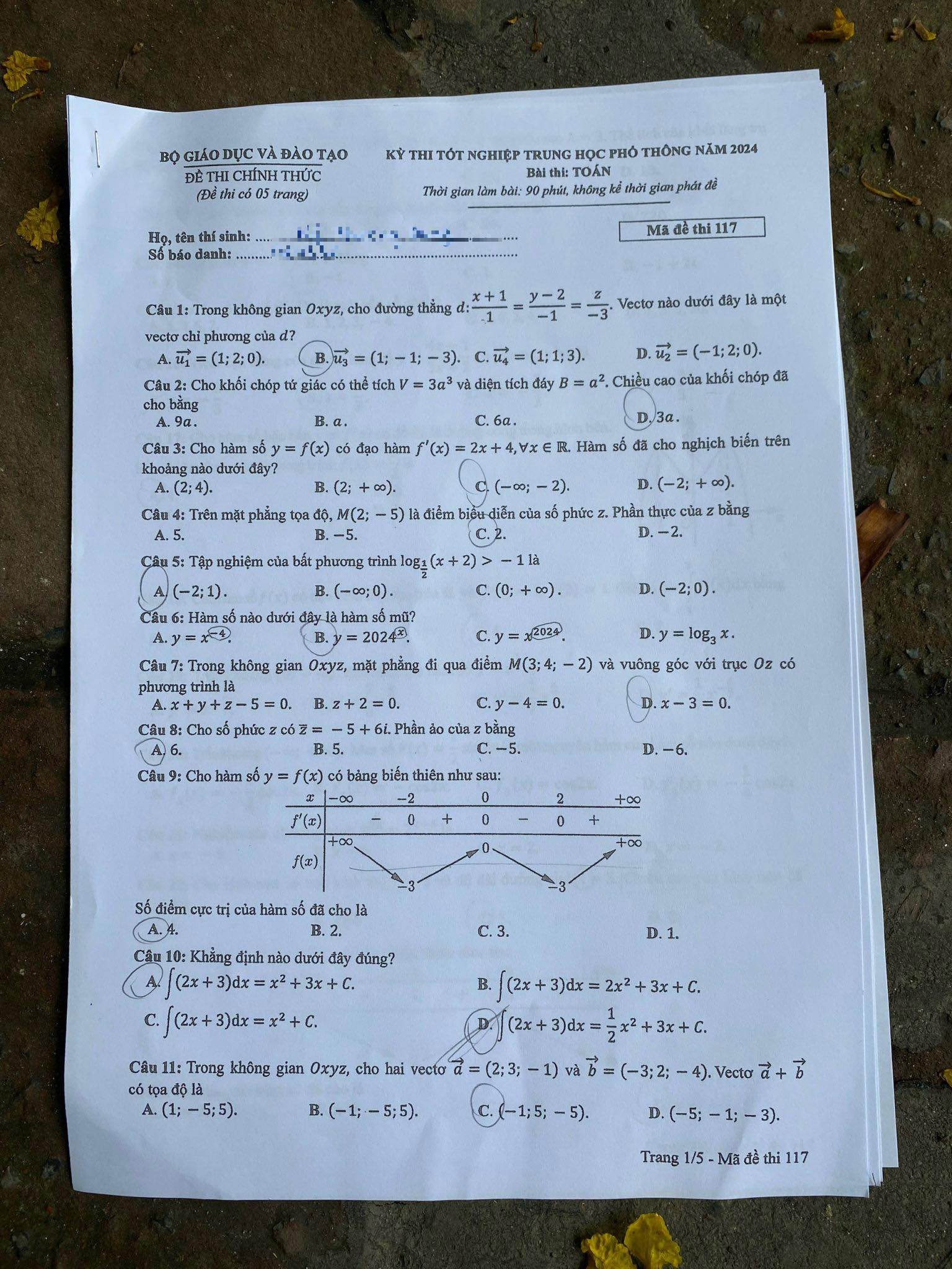 Đáp án đề thi môn Toán mã đề 117 - Tốt nghiệp THPT 2024