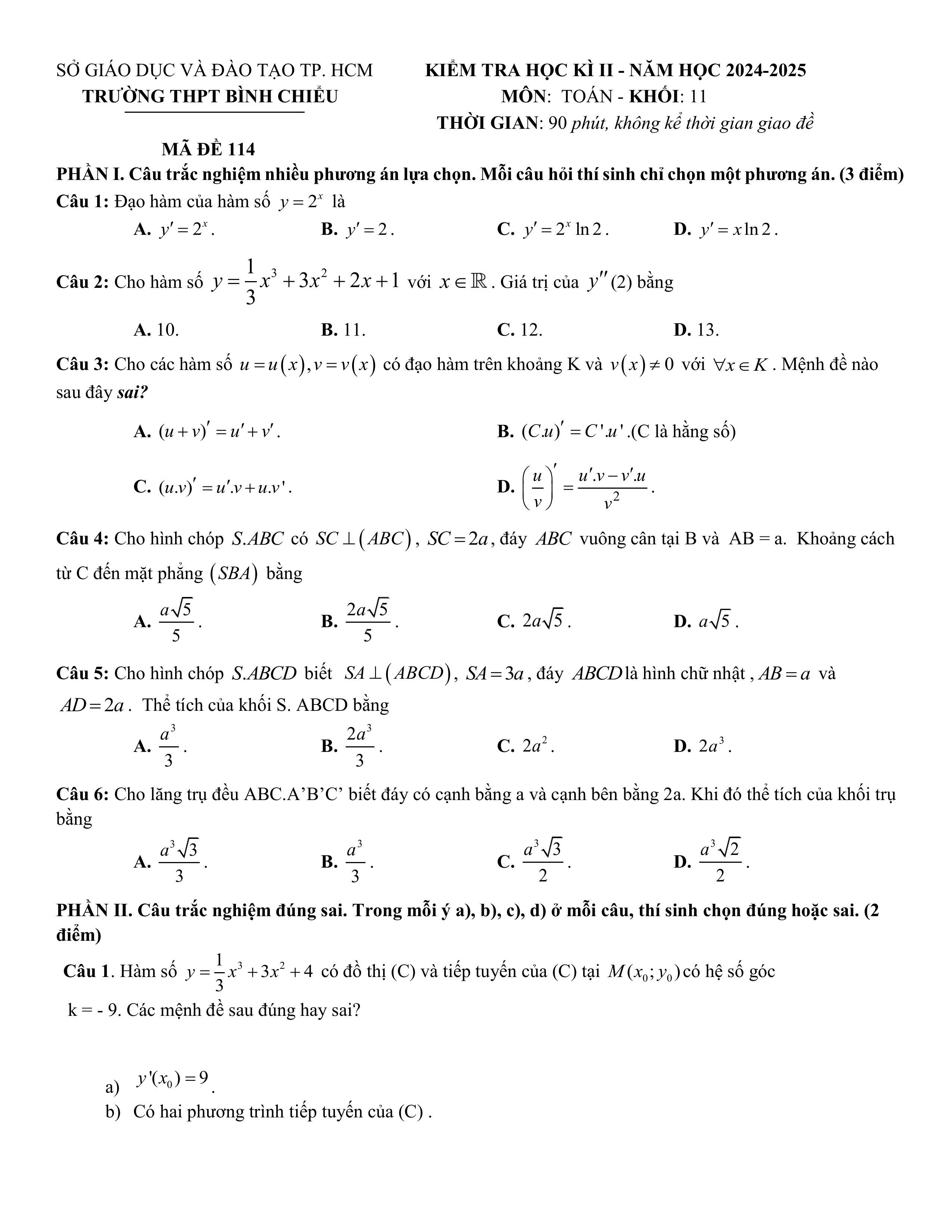 Đề thi Học kì 2 Toán 11 trường THPT Bình Chiểu (Hồ Chí Minh) năm 2024–2025