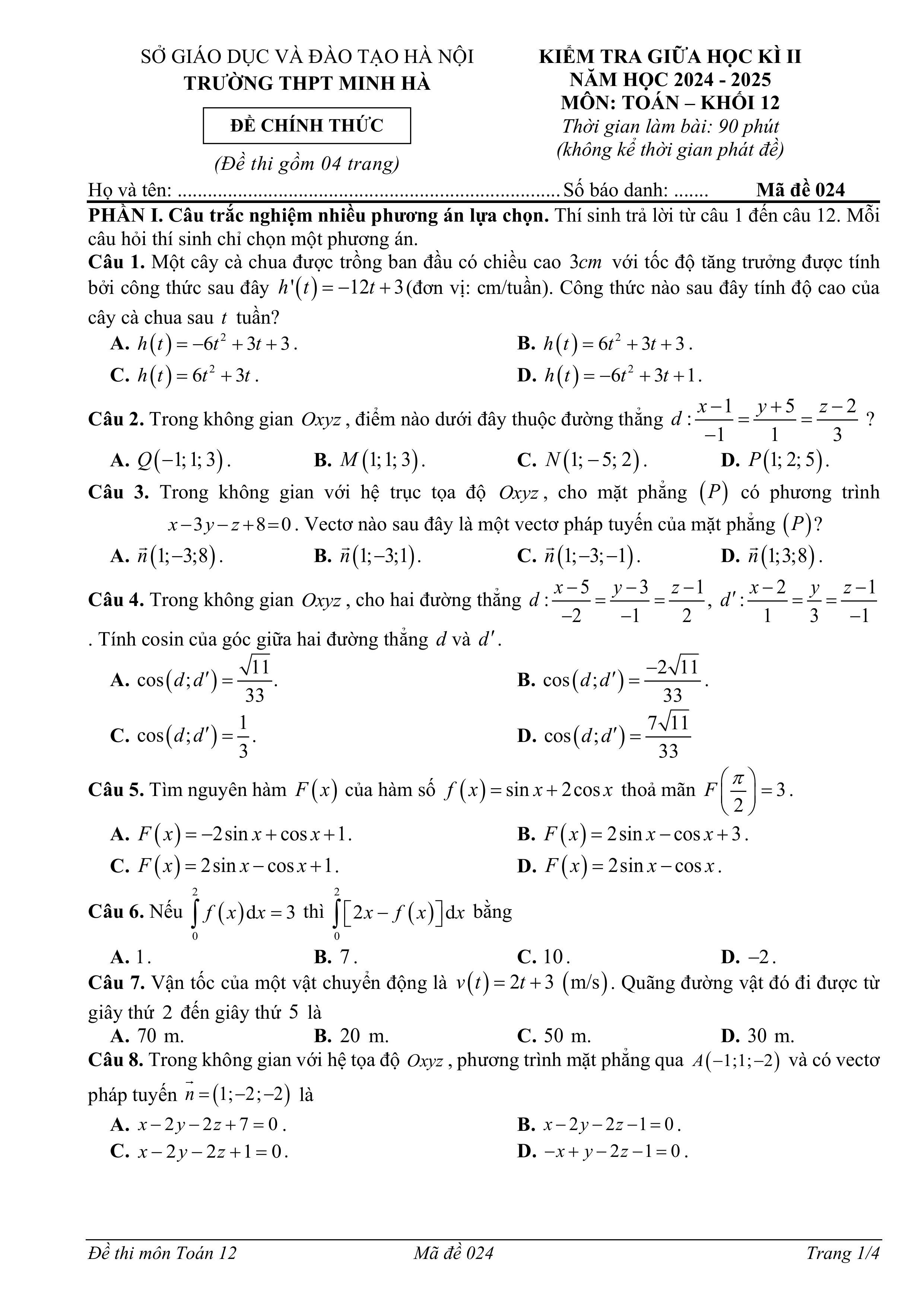 Đề thi Giữa kì 2 Toán 12 trường THPT Minh Hà (Hà Nội) năm 2024–2025