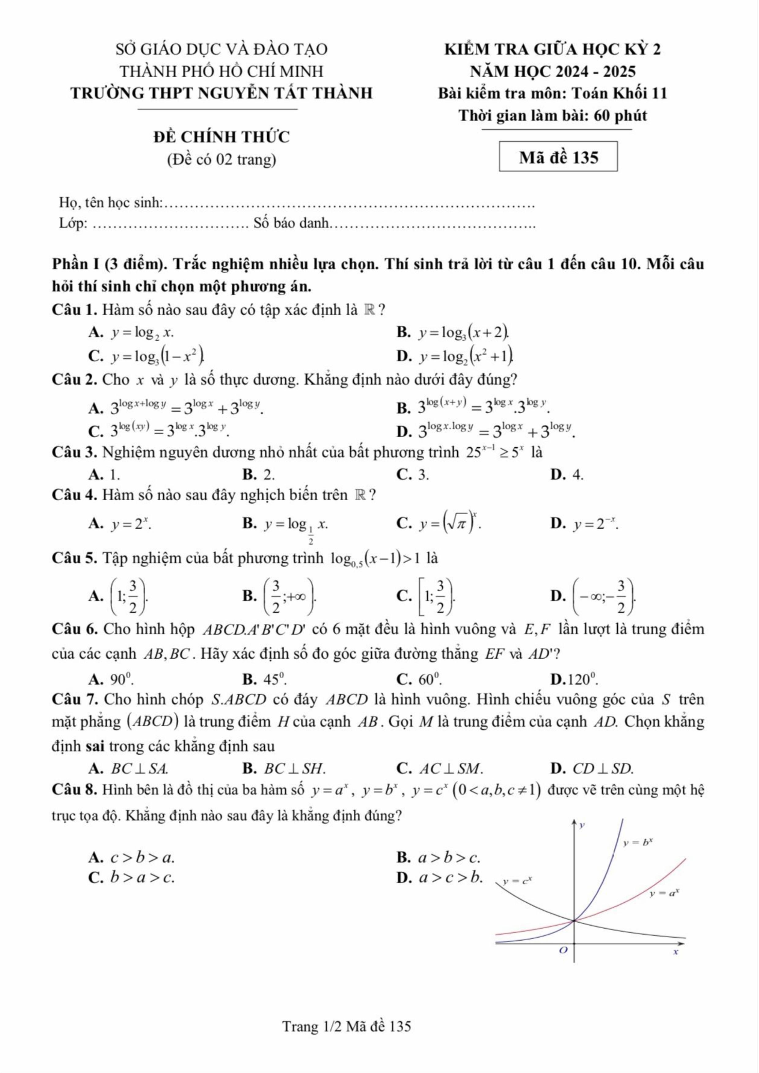 Đề thi Giữa kì 2 Toán 11 trường THPT Nguyễn Tất Thành (Hồ Chí Minh) năm 2024–2025
