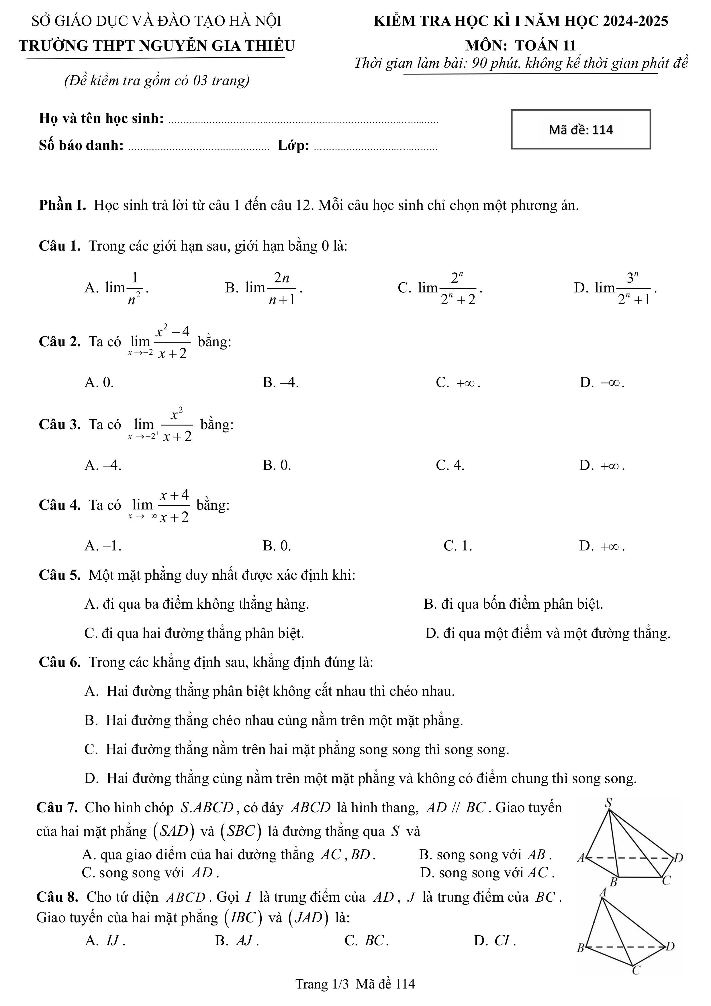 Đề thi Học kì 1 Toán 11 trường THPT Nguyễn Gia Thiều (Hà Nội) năm 2024–2025