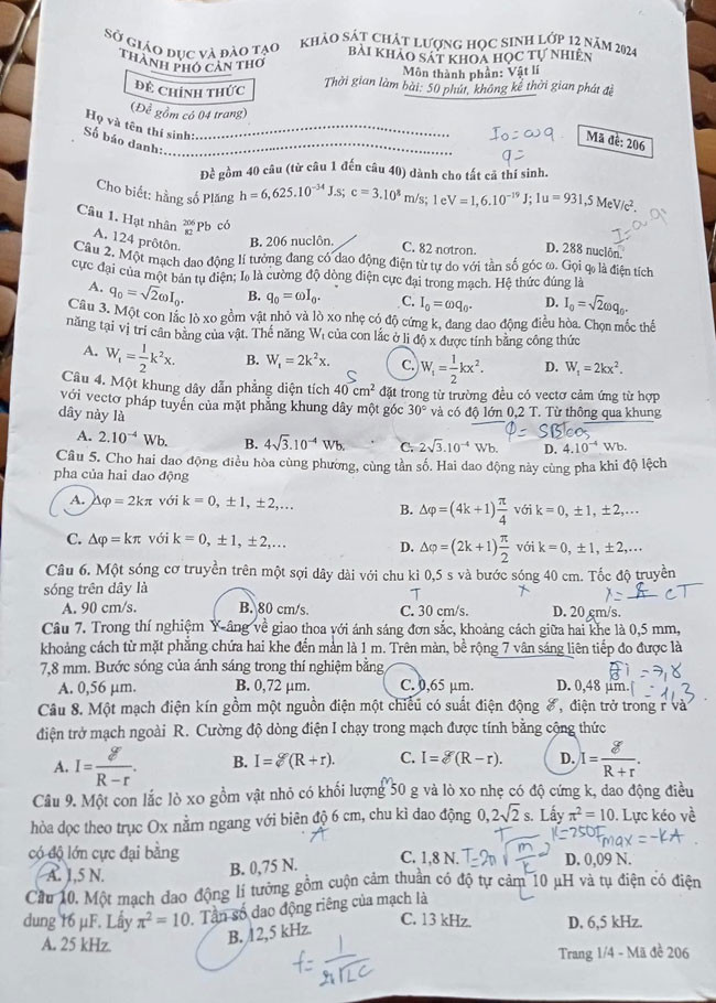 Đáp án đề thi môn Lý  mã đề 206 - Tốt nghiệp THPT 2024