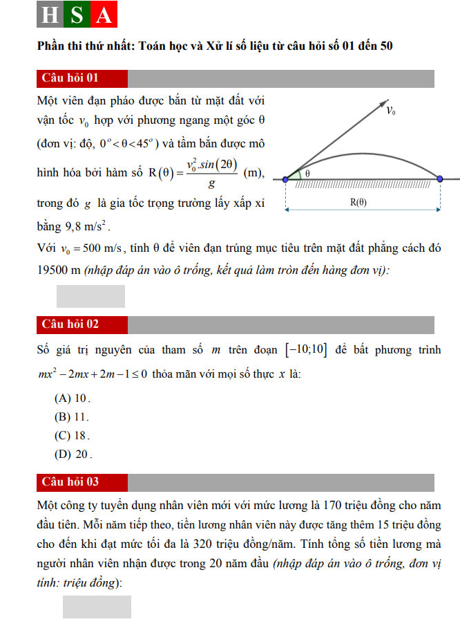 Đề thi Toán học và xử lý số liệu - Đề thi minh họa ĐGNL Hà Nội HSA 2025