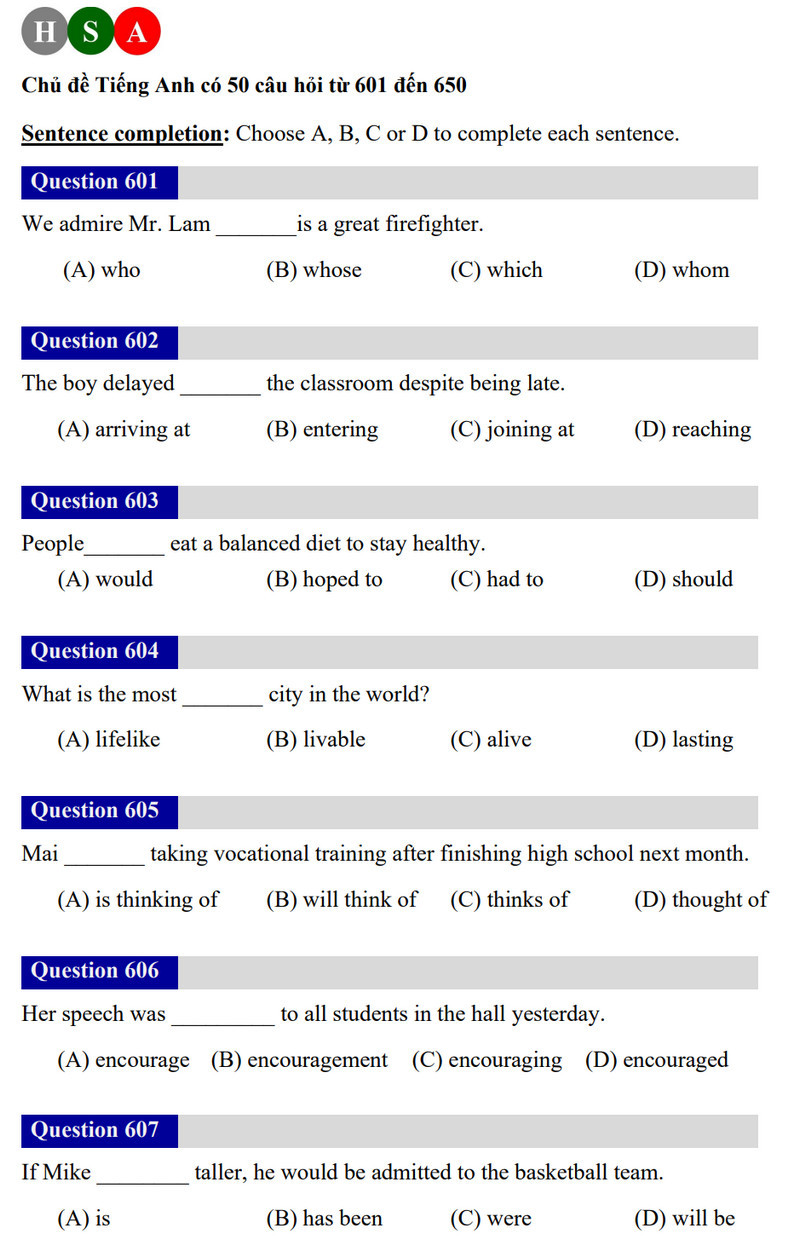 Đề thi Tiếng Anh - Đề thi minh họa ĐGNL Hà Nội HSA 2025