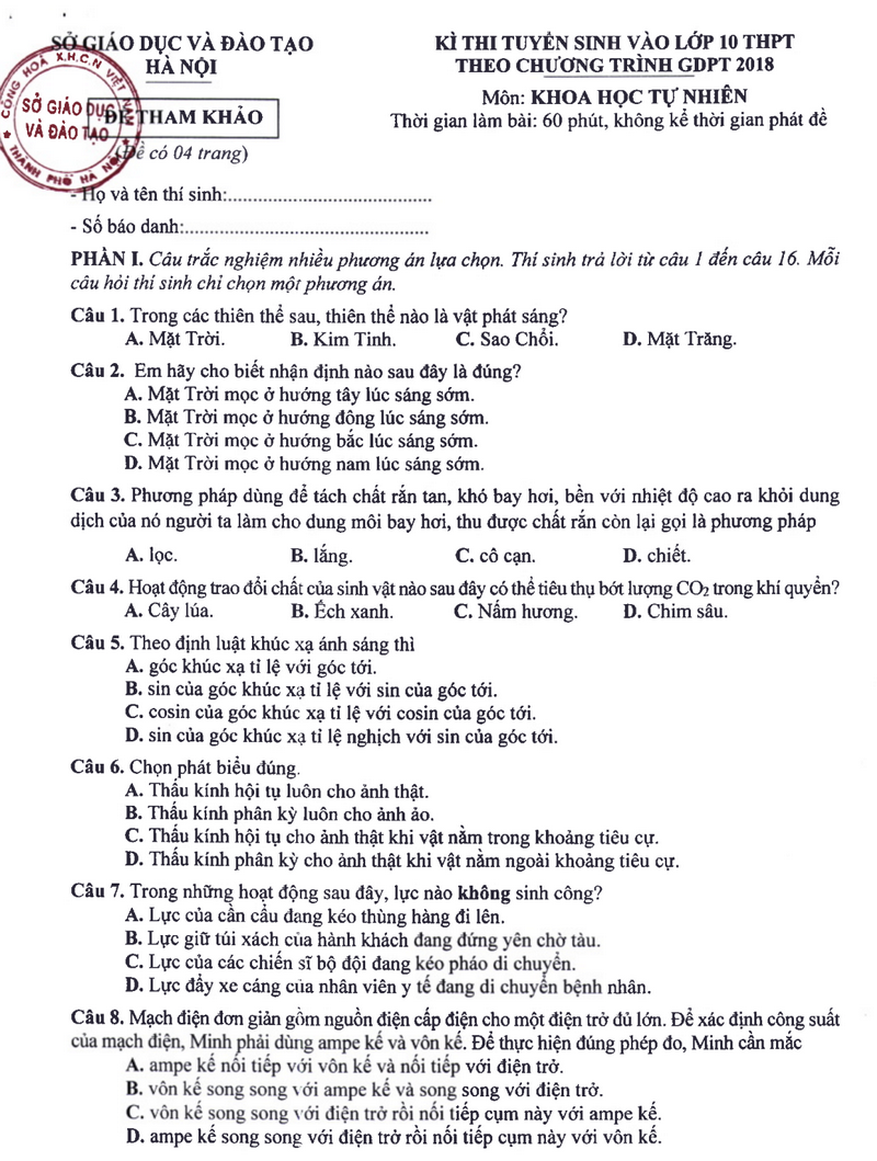 Đề minh họa vào lớp 10 môn Khoa học tự nhiên 2025 Hà Nội (Có đáp án)