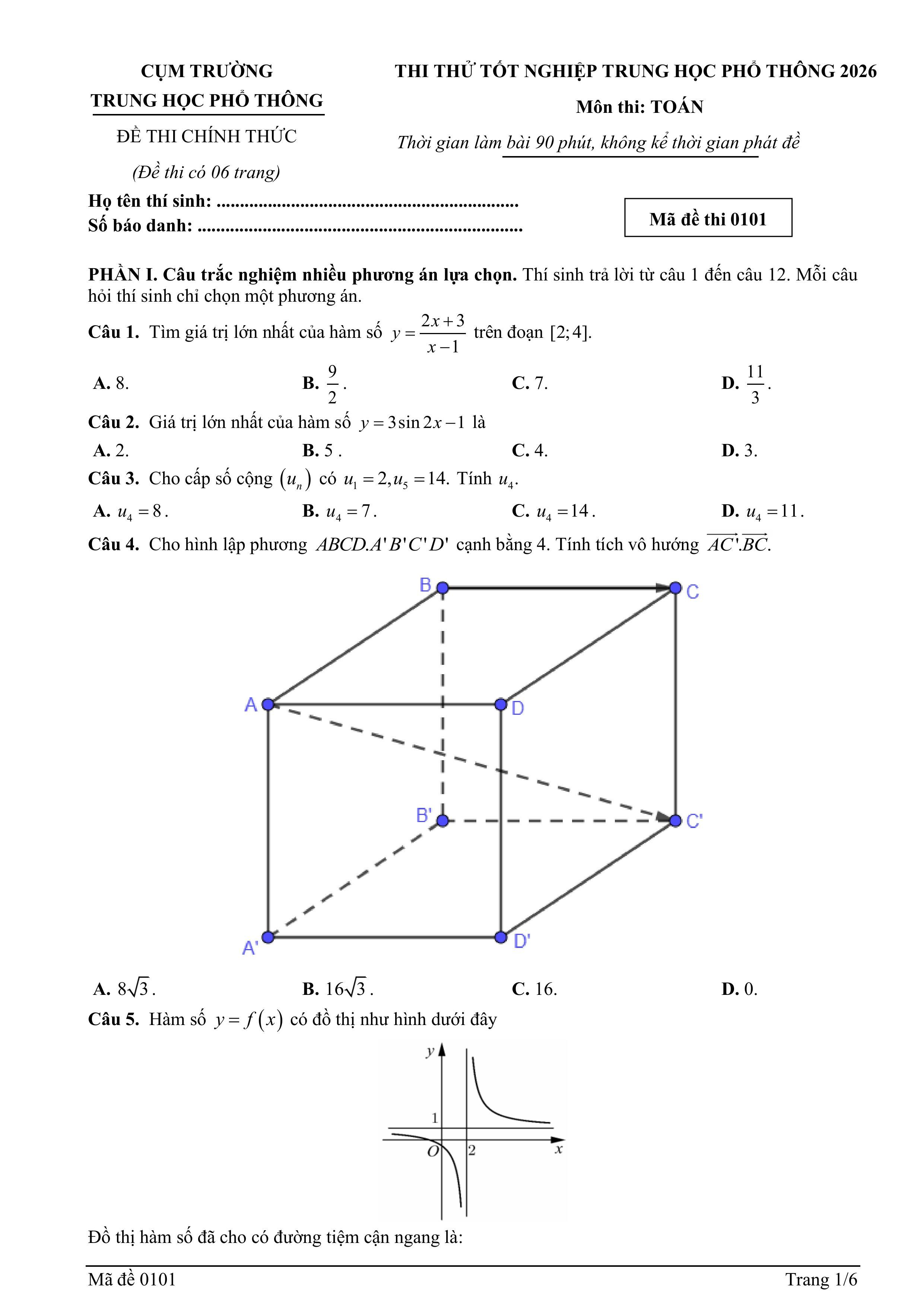 Đề thi thử TN THPT môn Toán trường THPT chuyên Phan Bội Châu (Nghệ An) năm 2026