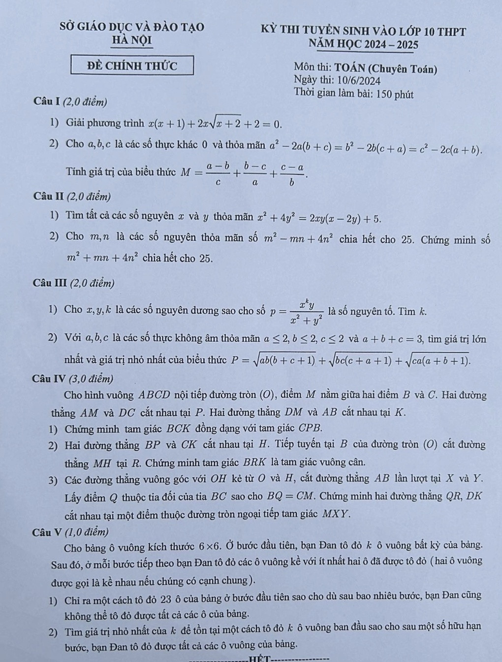 Đề thi vào 10 chuyên Toán Sở GDĐT Hà Nội năm 2024 có đáp án