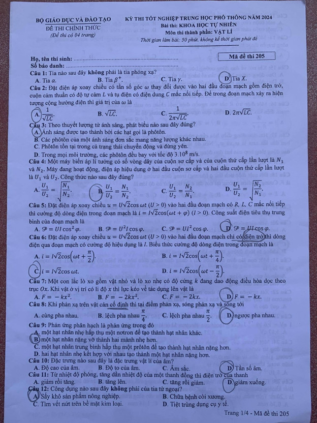 (Chính thức) Đáp án đề thi tốt nghiệp THPT môn Vật lí năm 2024 full 24 mã đề