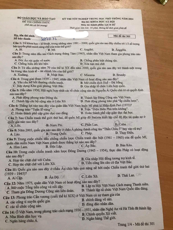 (Chính thức) Đáp án đề thi tốt nghiệp THPT môn Lịch sử năm 2024 full 24 mã đề
