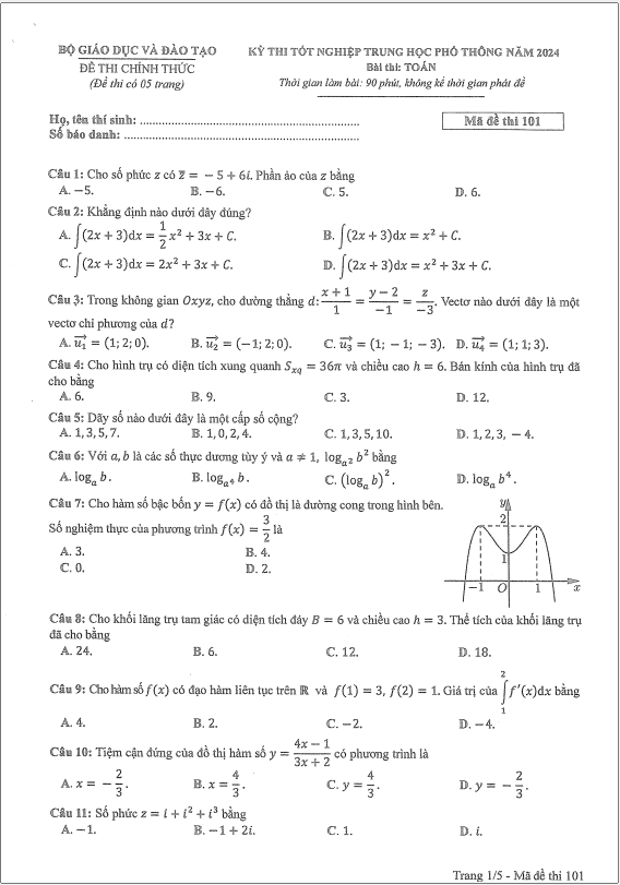 Đáp án đề thi môn Toán mã đề 101 - Tốt nghiệp THPT 2024