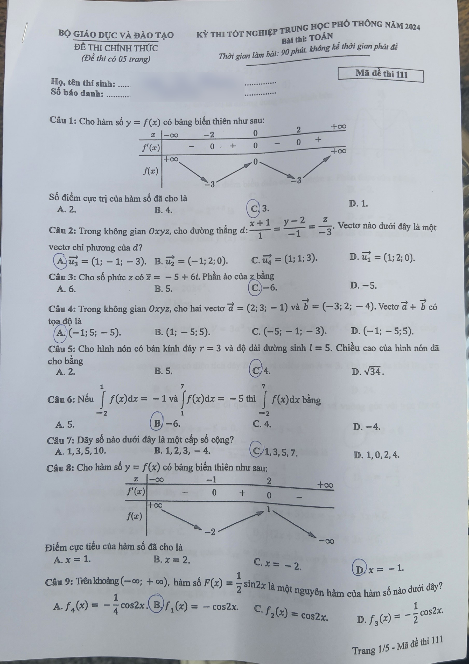 Đáp án đề thi môn Toán mã đề 111 - Tốt nghiệp THPT 2024