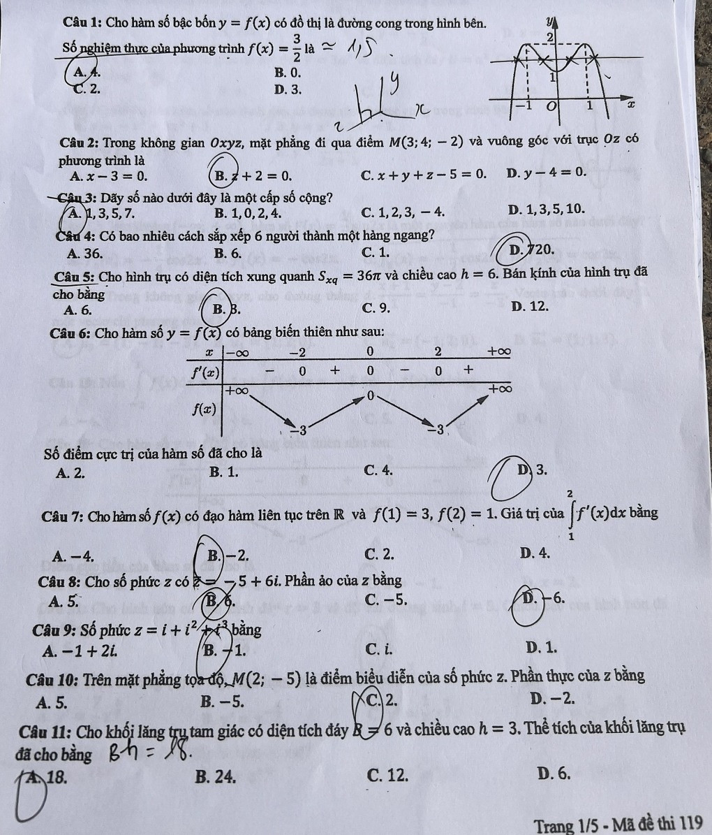 Đáp án đề thi môn Toán mã đề 119 - Tốt nghiệp THPT 2024