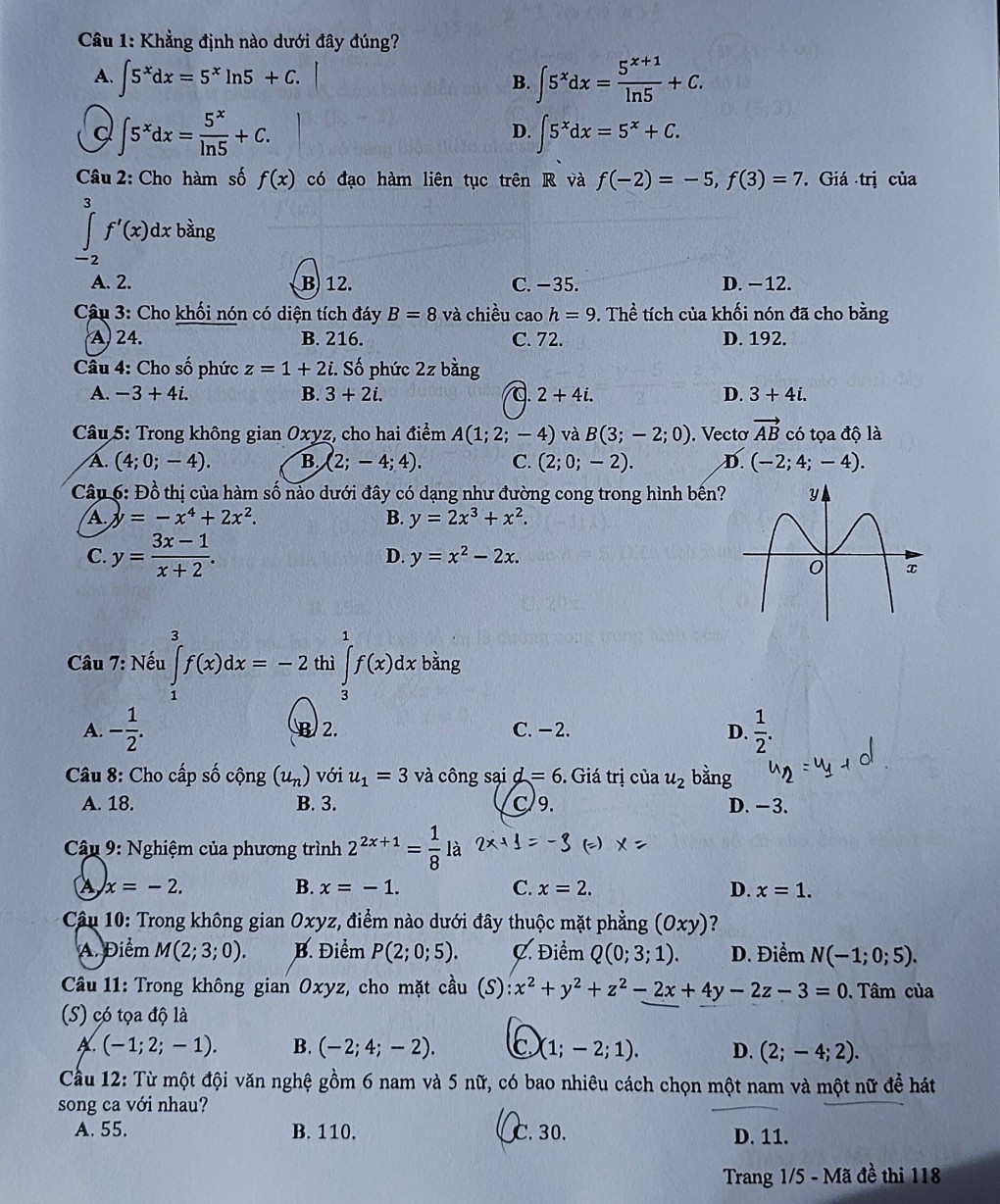 Đáp án đề thi môn Toán mã đề 118 - Tốt nghiệp THPT 2024