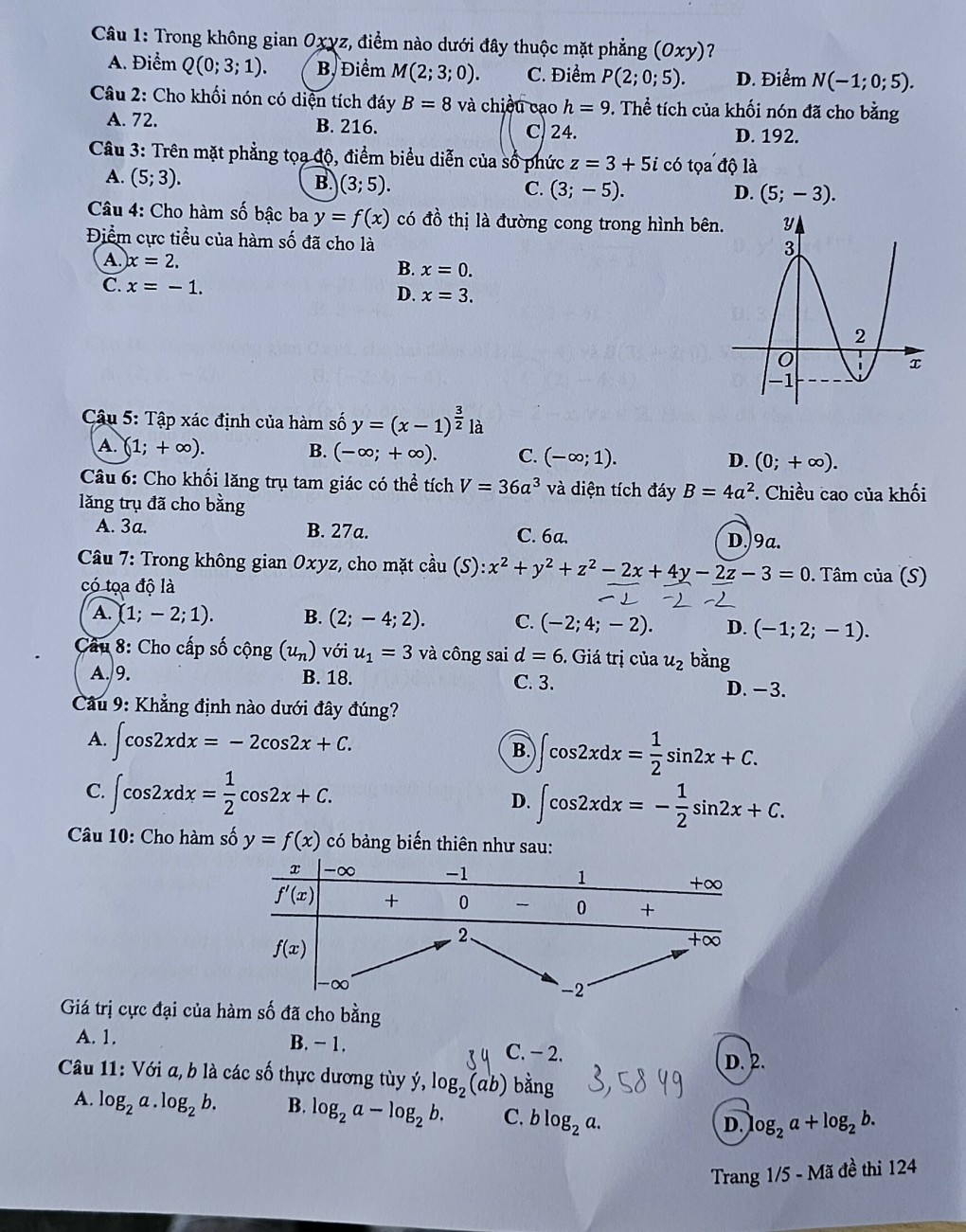 Đáp án đề thi môn Toán mã đề 124 - Tốt nghiệp THPT 2024