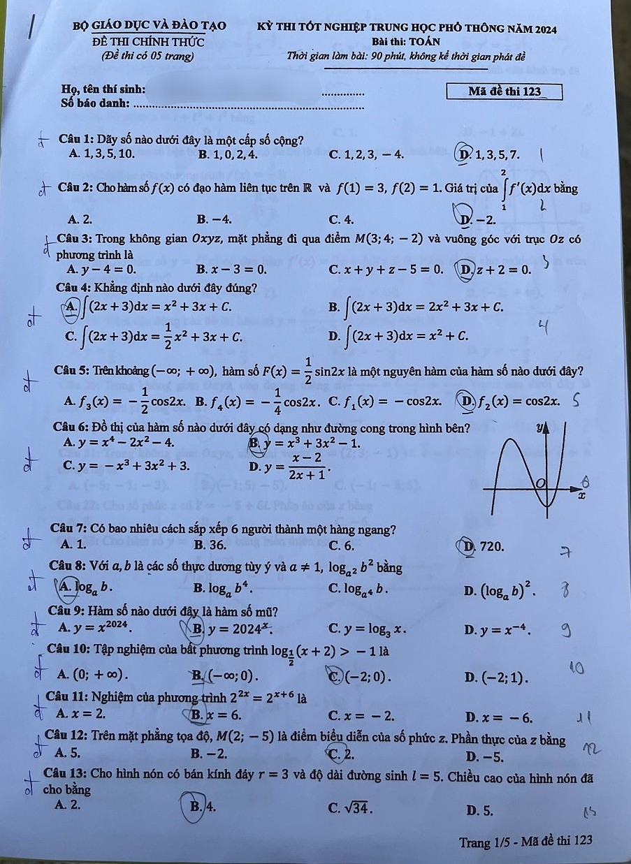 Đáp án đề thi môn Toán mã đề 123 - Tốt nghiệp THPT 2024