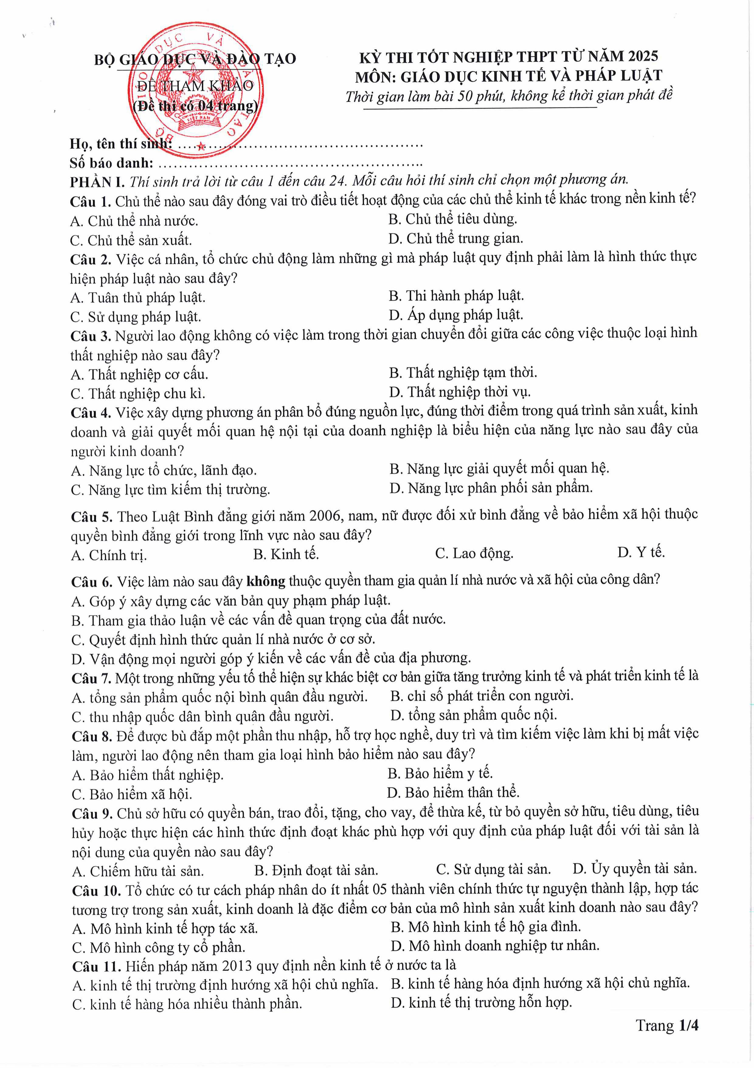 Đề tham khảo thi tốt nghiệp THPT môn Kinh tế pháp luật năm 2025