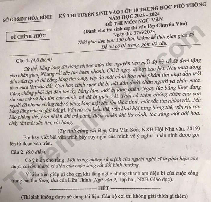 Đề thi vào 10 chuyên văn Sở GD ĐT Thái Bình năm 2023 có đáp án