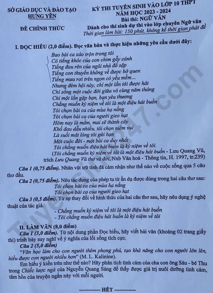 Đề thi vào 10 chuyên văn Sở GD ĐT Hưng Yên năm 2023 có đáp án