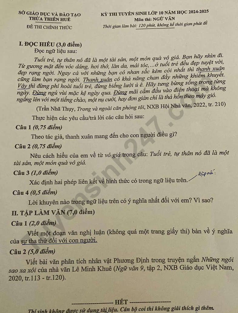 Đề thi chính thức vào 10 môn văn Thừa Thiên Huế năm 2024 có đáp án