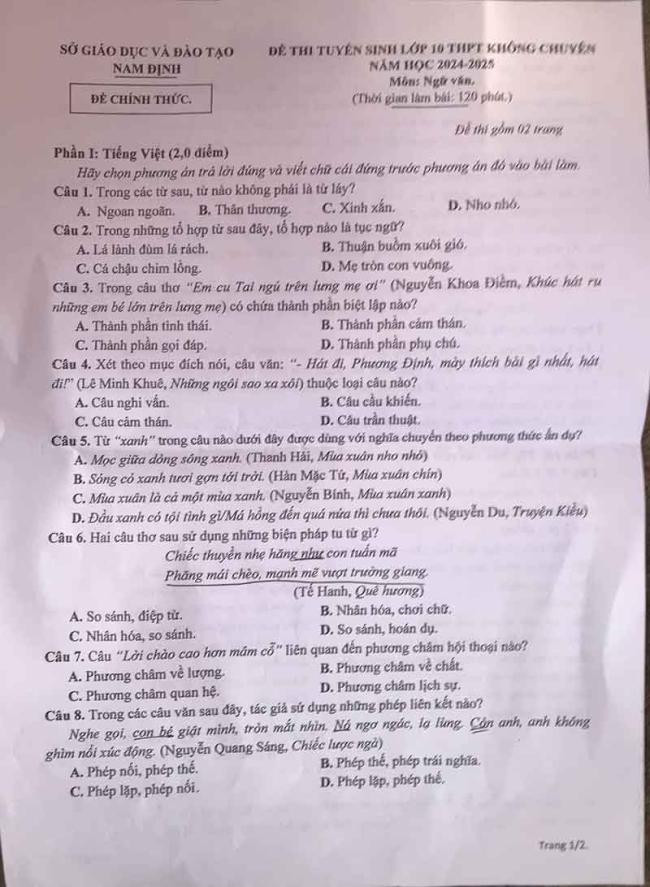 Đề thi chính thức vào 10 môn văn tỉnh Nam Định năm 2024 có đáp án