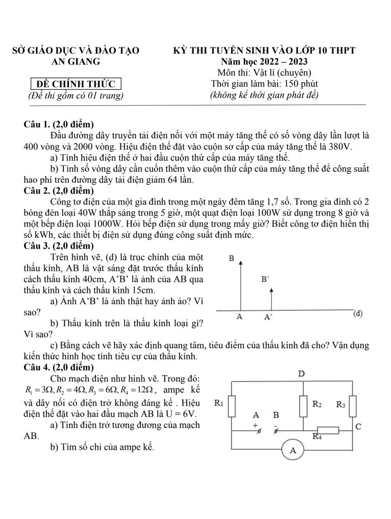 Đề thi vào 10 chuyên lý Sở GD ĐT An Giang năm 2022 có đáp án