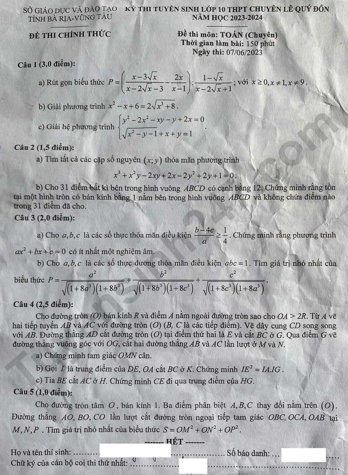 Đề thi vào 10 chuyên toán Sở GD ĐT Bà Rịa - Vũng Tàu năm 2023 có đáp án