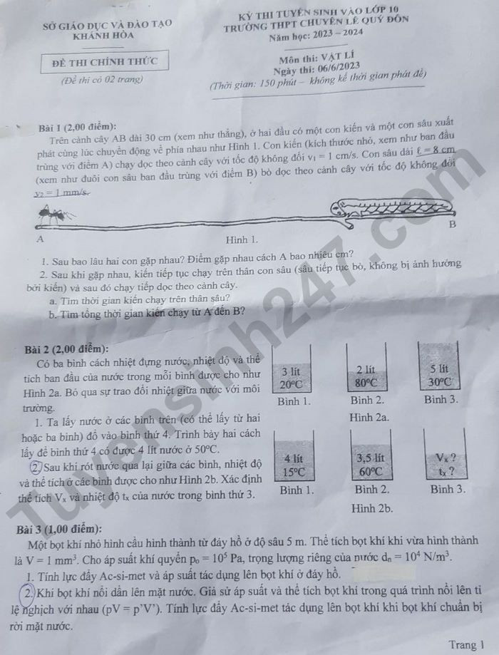 Đề thi vào 10 chuyên lý Sở GD ĐT Bà Rịa - Vũng Tàu năm 2023 có đáp án