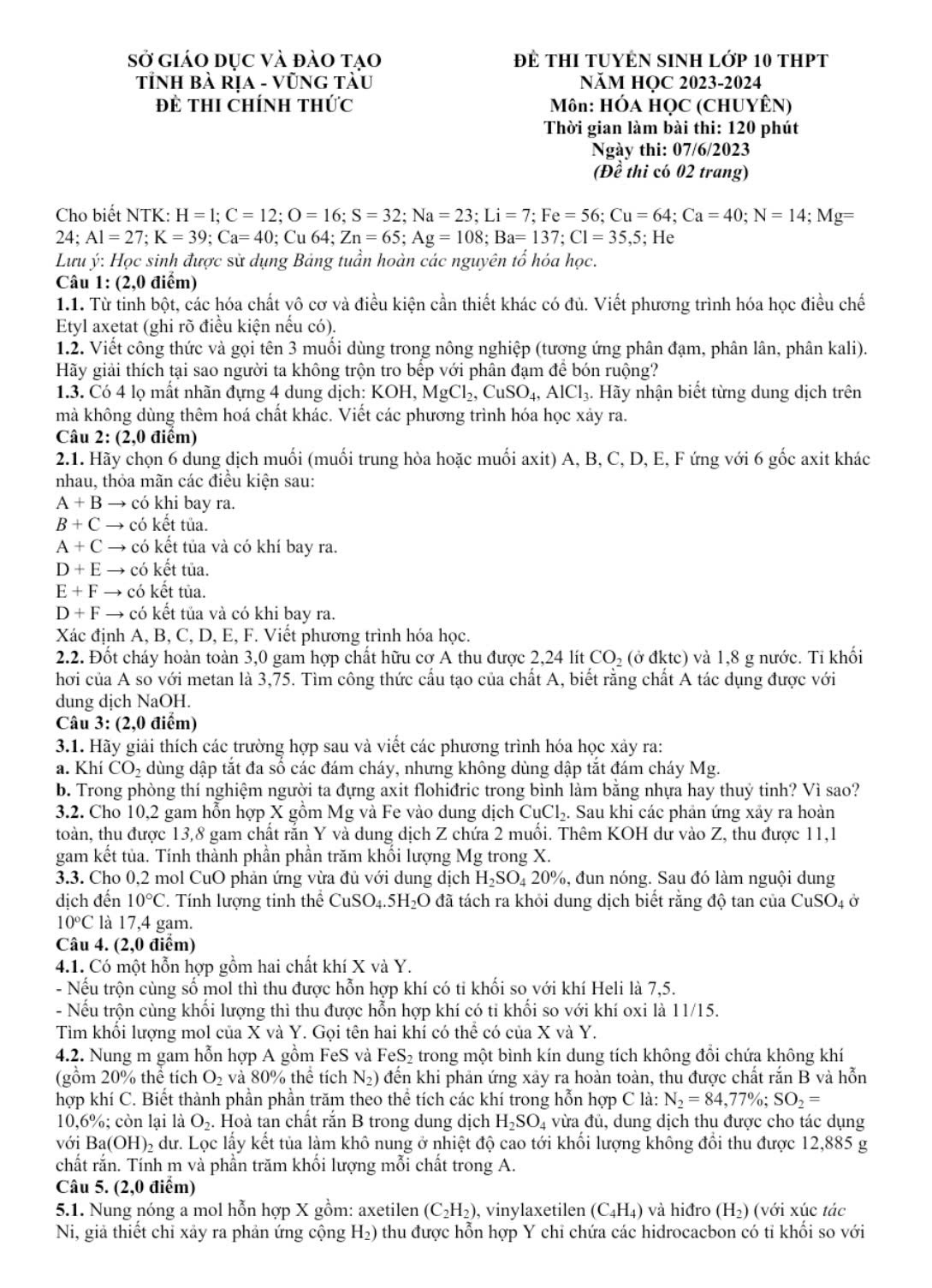 Đề thi vào 10 chuyên hóa Sở GD ĐT Bà Rịa - Vũng Tàu năm 2023 có đáp án