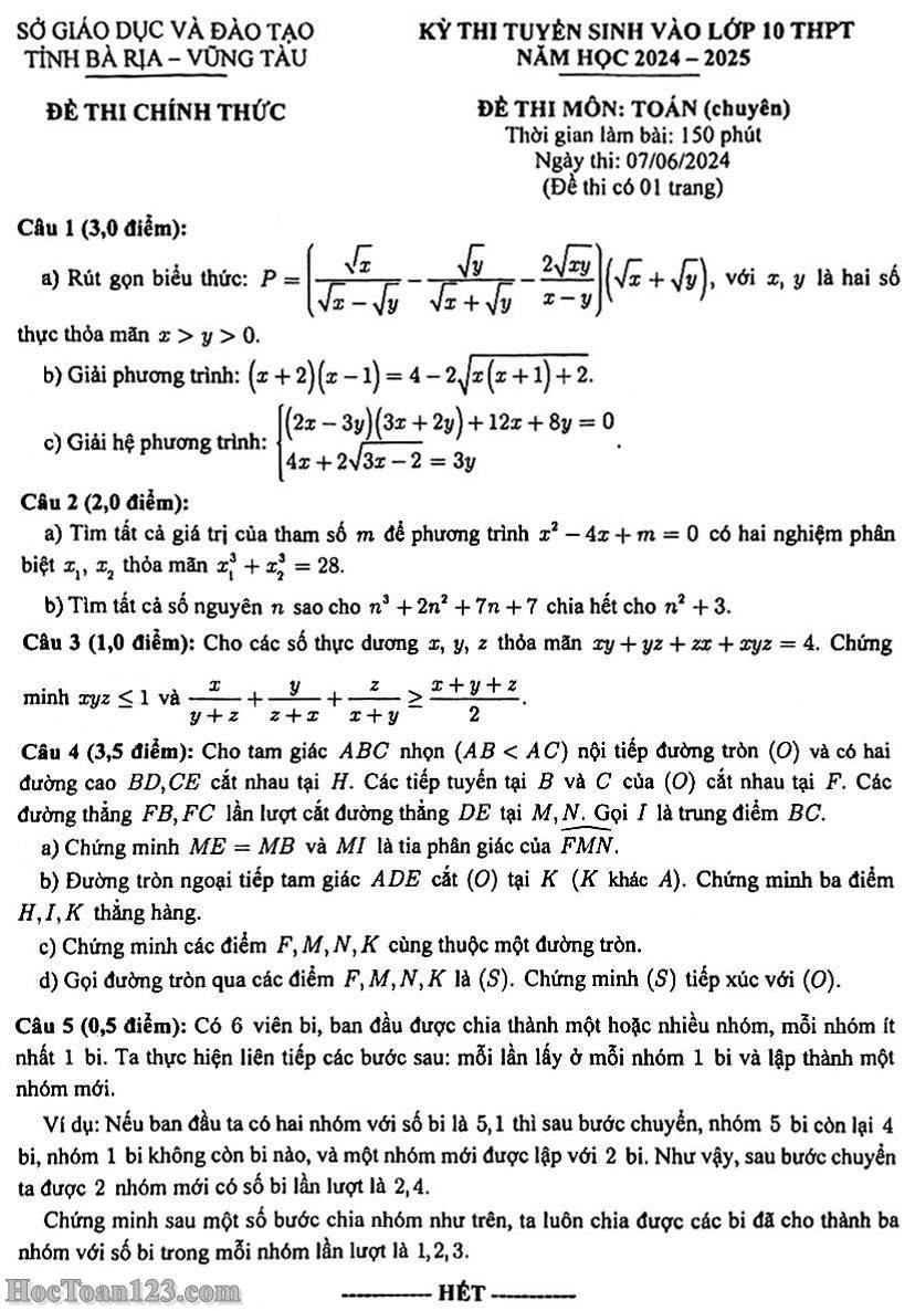 Đề thi vào 10 chuyên toán Sở GD ĐT Bà Rịa - Vũng Tàu năm 2024 có đáp án