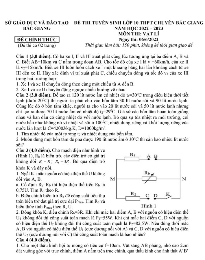 Đề thi vào 10 chuyên lý Sở GD ĐT Bắc Giang năm 2022 có đáp án