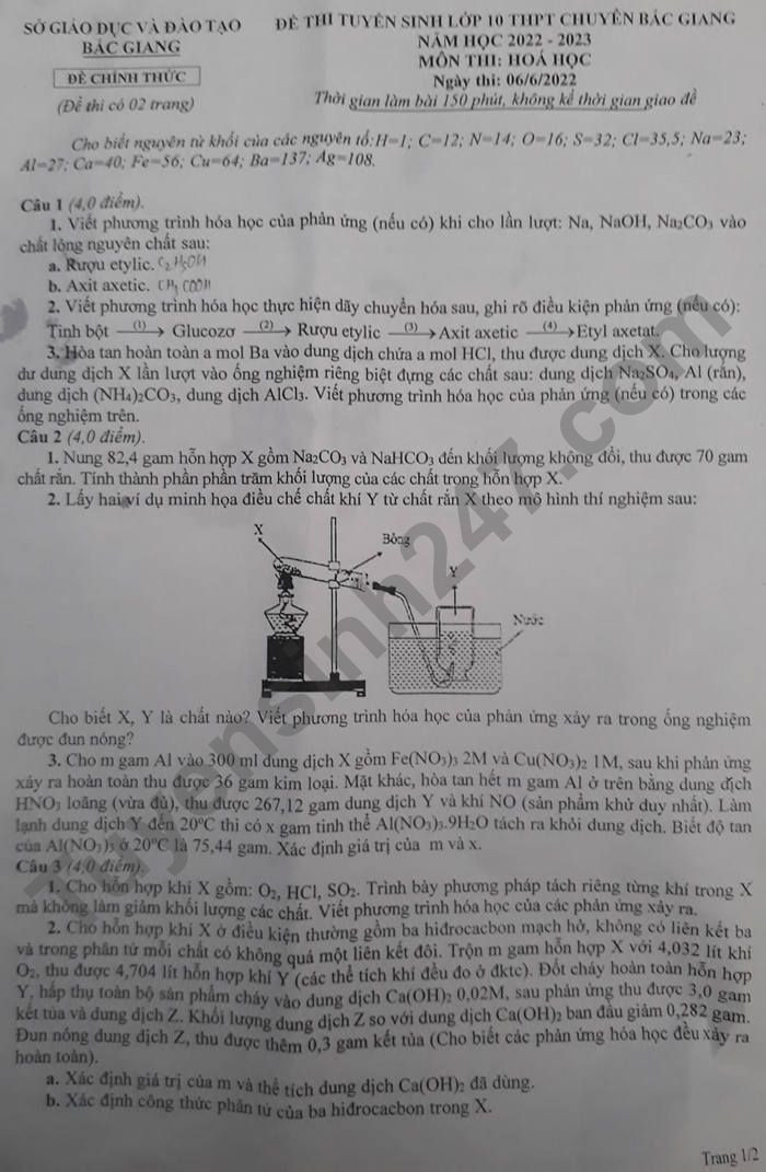 Đề thi vào 10 chuyên hóa Sở GD ĐT Bắc Giang năm 2022 có đáp án