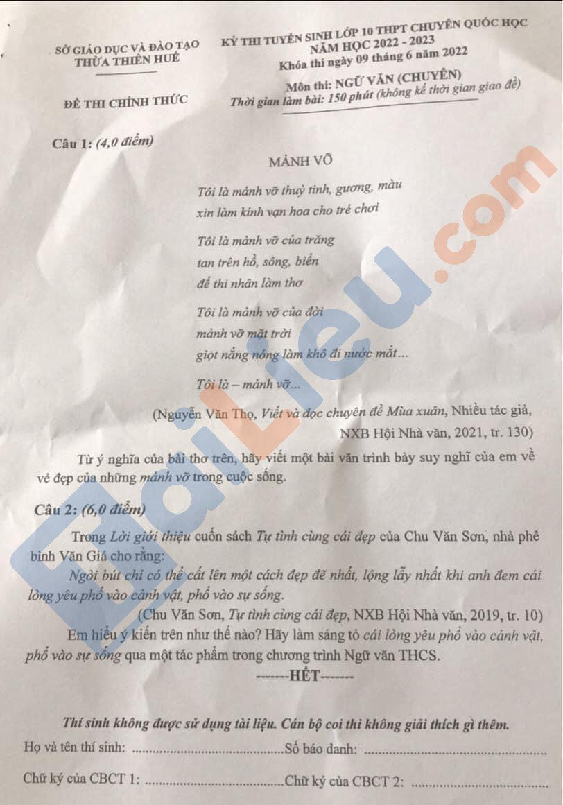 Đề thi vào 10 chuyên văn Sở GD ĐT Huế năm 2022 có đáp án