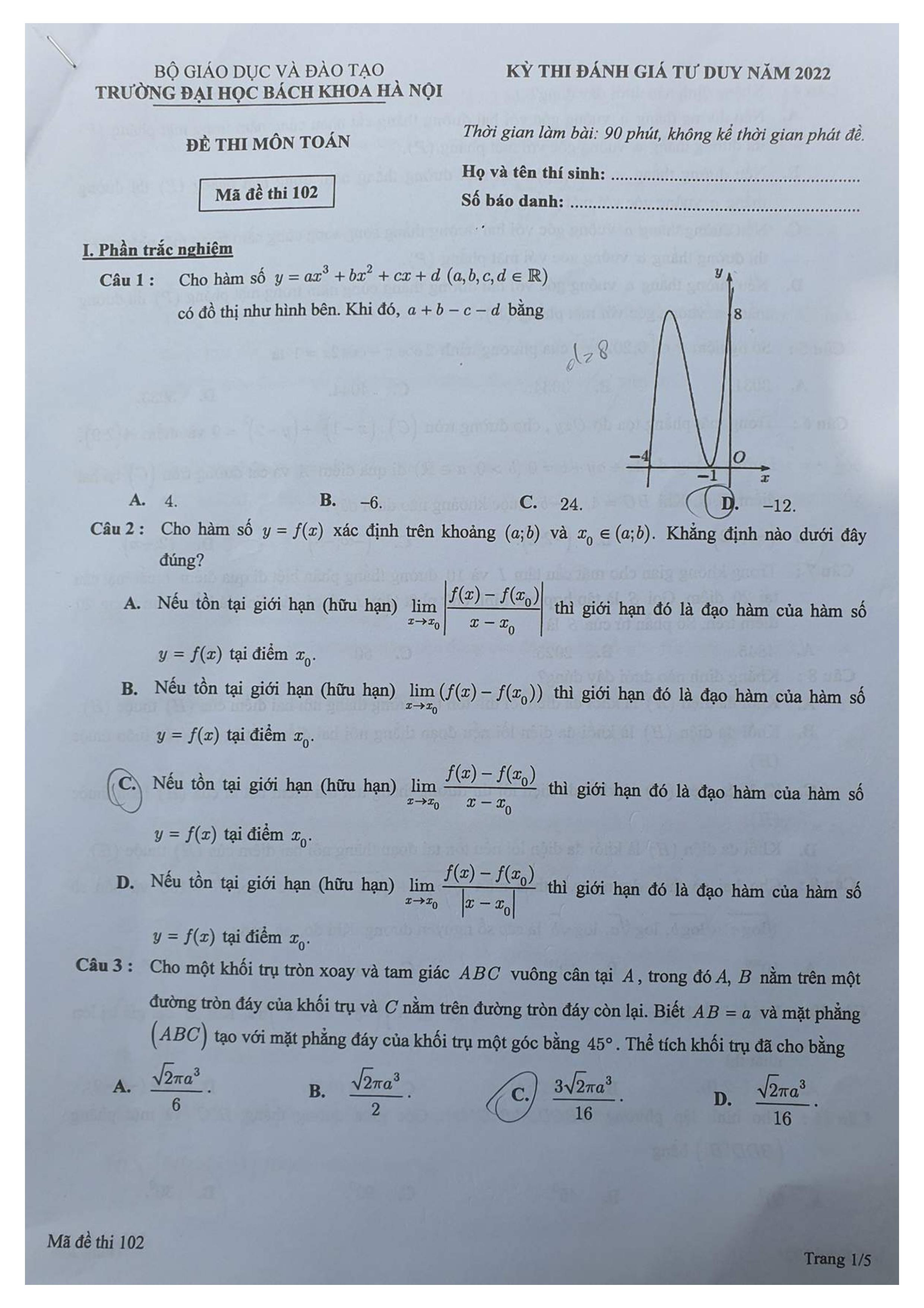 Đề thi đánh giá tư duy môn toán Đại học Bách Khoa Hà Nội năm 2022